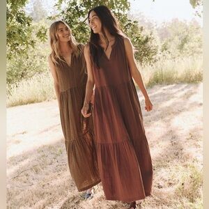 PACT Women's Organic Cotton Coastal Double Gauze Ruffle Maxi Dress Size L Brown